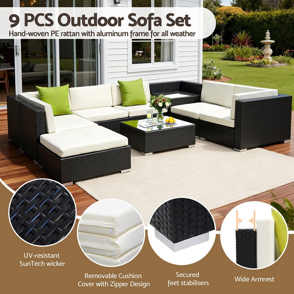 Gardeon 9-Piece Outdoor Wicker Sofa Set | Modular Lounge Setting | Furniture > Outdoor