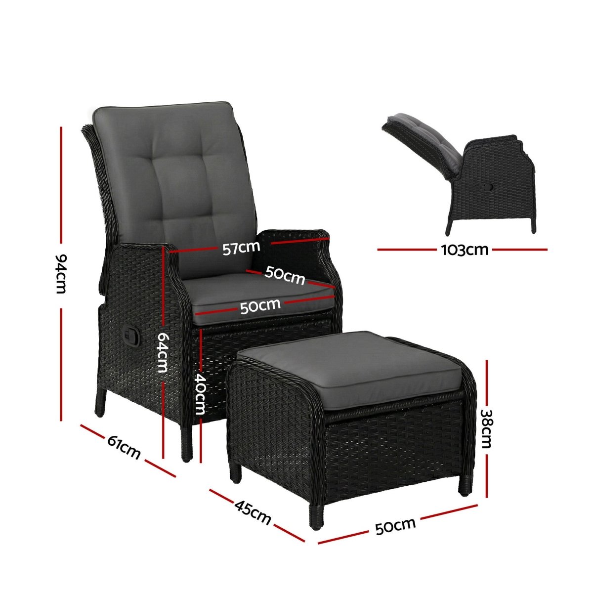Gardeon Black Wicker Sun Lounge Recliner & Ottoman Set | Furniture > Outdoor