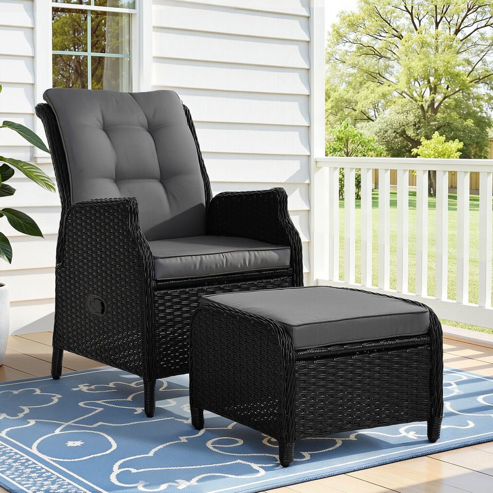 Gardeon Black Wicker Sun Lounge Recliner & Ottoman Set | Furniture > Outdoor