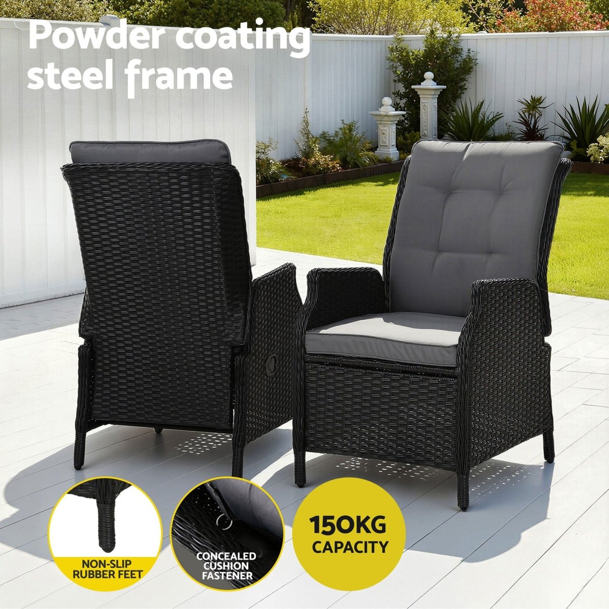 Gardeon Black Wicker Sun Lounge Recliner & Ottoman Set | Furniture > Outdoor