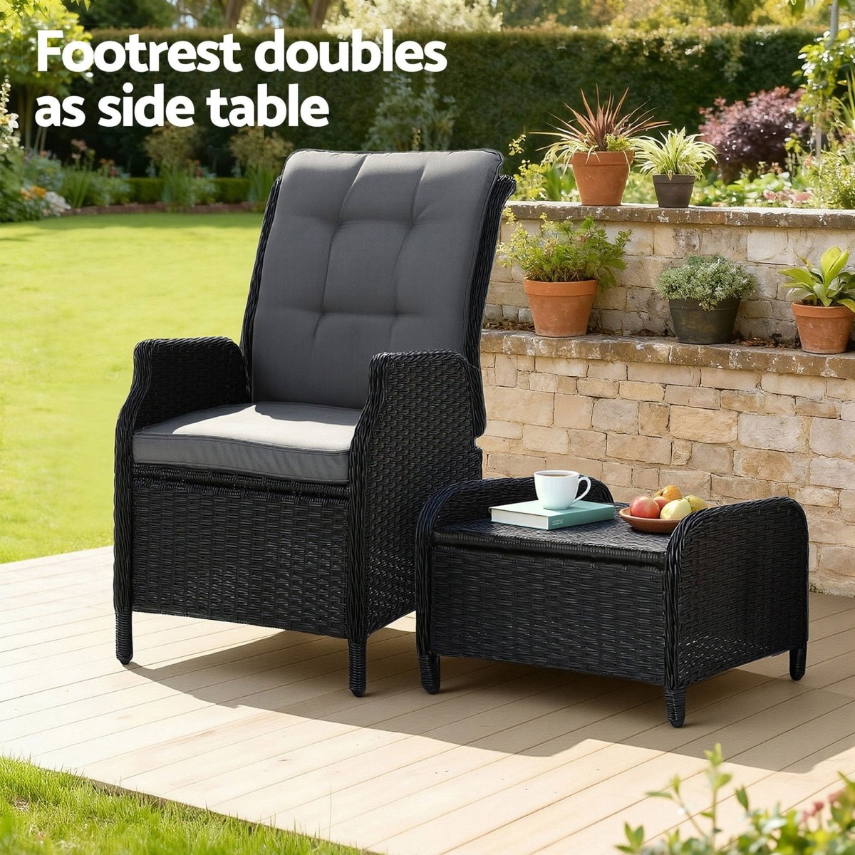 Gardeon Black Wicker Sun Lounge Recliner & Ottoman Set | Furniture > Outdoor