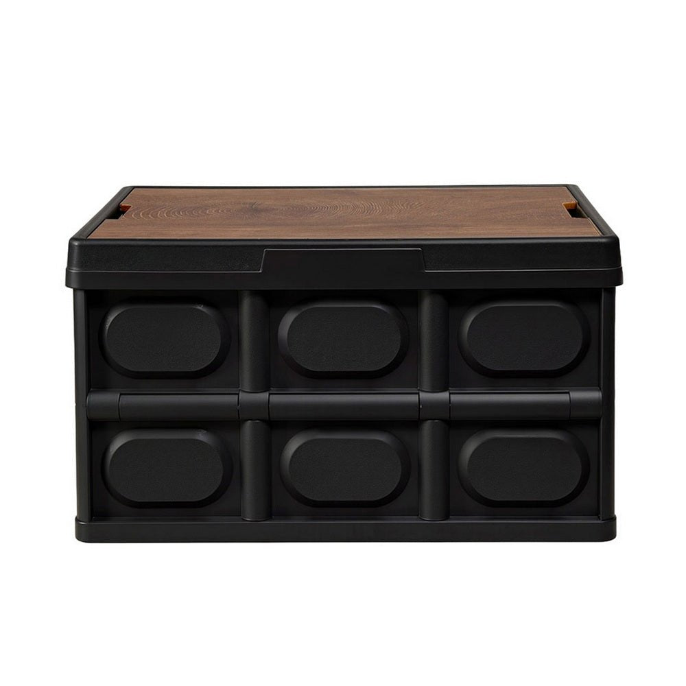 Gardeon Collapsible Outdoor Storage Box 50L Stackable Folding Camping Organizer Plywood Lid Black | Outdoorium