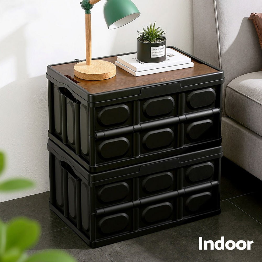 Gardeon Collapsible Outdoor Storage Box 50L Stackable Folding Camping Organizer Plywood Lid Black | Outdoorium