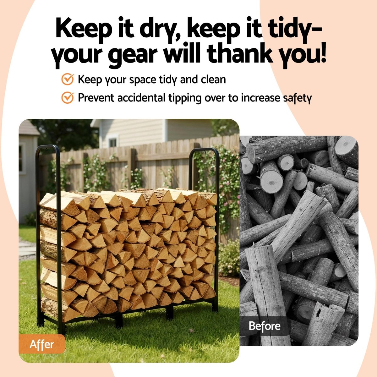 Gardeon Firewood Rack 120cm Wood Rack 3 Sizes Firewood Storage with Tools Black | Outdoorium