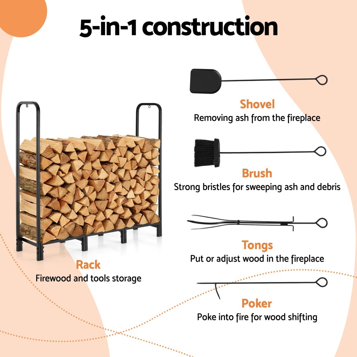 Gardeon Firewood Rack 120cm Wood Rack 3 Sizes Firewood Storage with Tools Black | Outdoorium