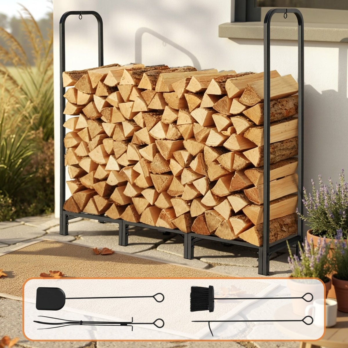 Gardeon Firewood Rack 120cm Wood Rack 3 Sizes Firewood Storage with Tools Black | Outdoorium
