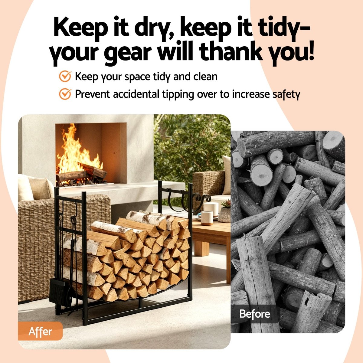 Gardeon Firewood Rack 84cm Wood Rack Firewood Storage Indoor Outdoor Black | Outdoorium