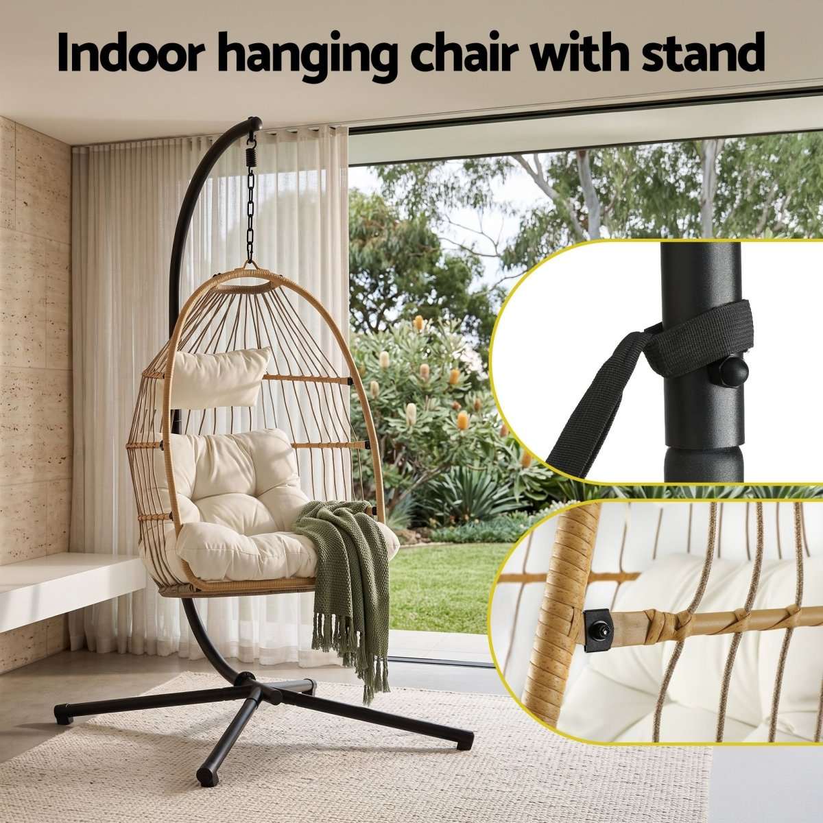 Gardeon Foldable Outdoor Swing Chair with Stand Cushion Rattan Patio Furniture | Furniture > Outdoor > Outdoor Chairs