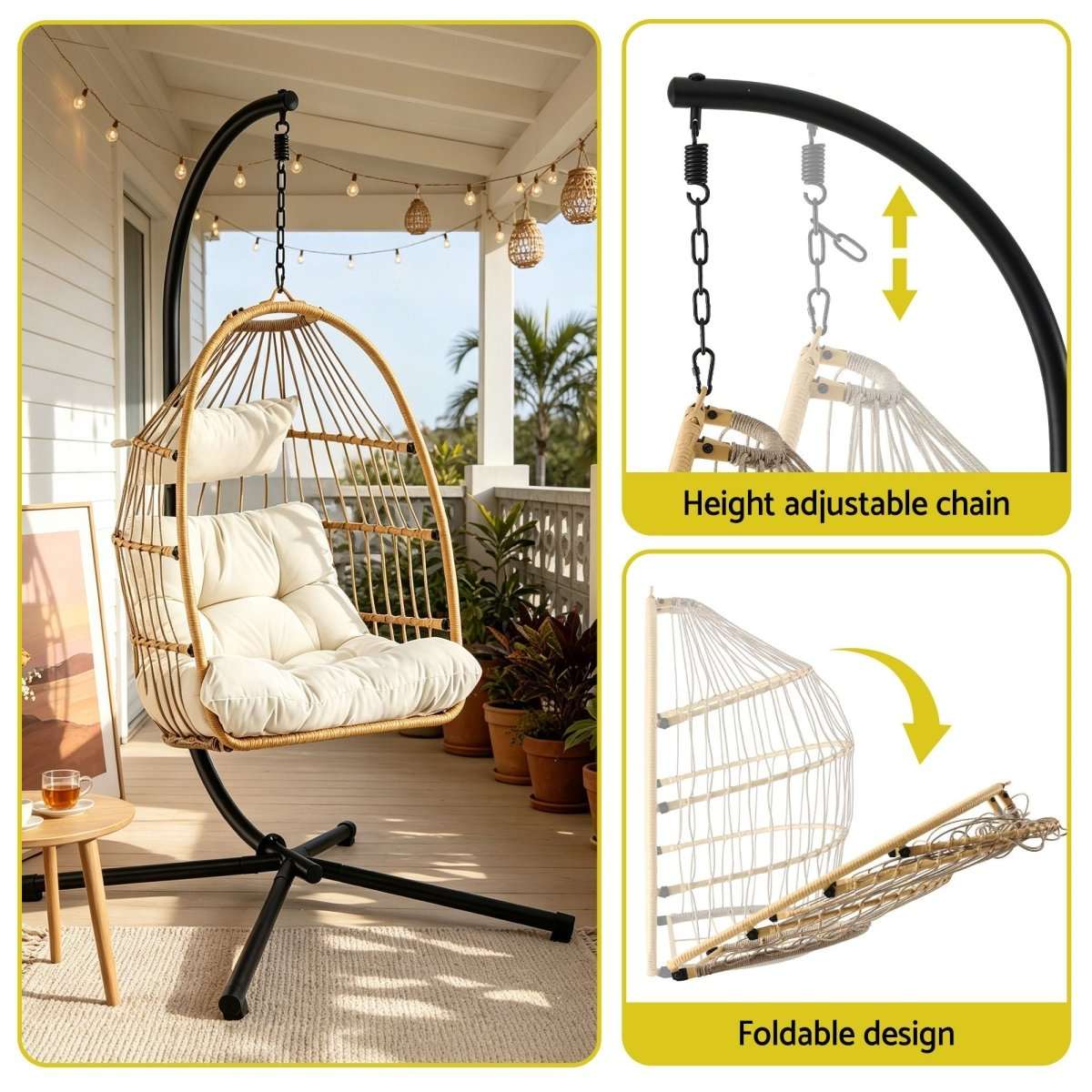 Gardeon Foldable Outdoor Swing Chair with Stand Cushion Rattan Patio Furniture | Furniture > Outdoor > Outdoor Chairs