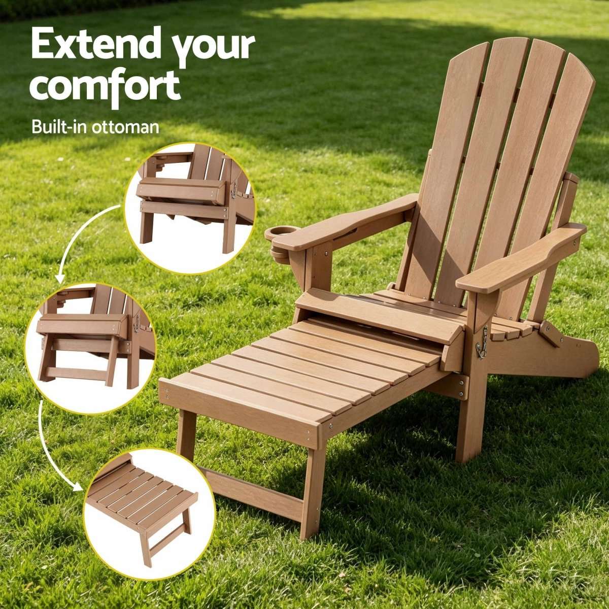 Gardeon Folding Sun Lounger Adirondack Chair Outdoor Lounge Setting HDPE Recliner Footrest Khaki | Furniture > Outdoor > Outdoor Chairs