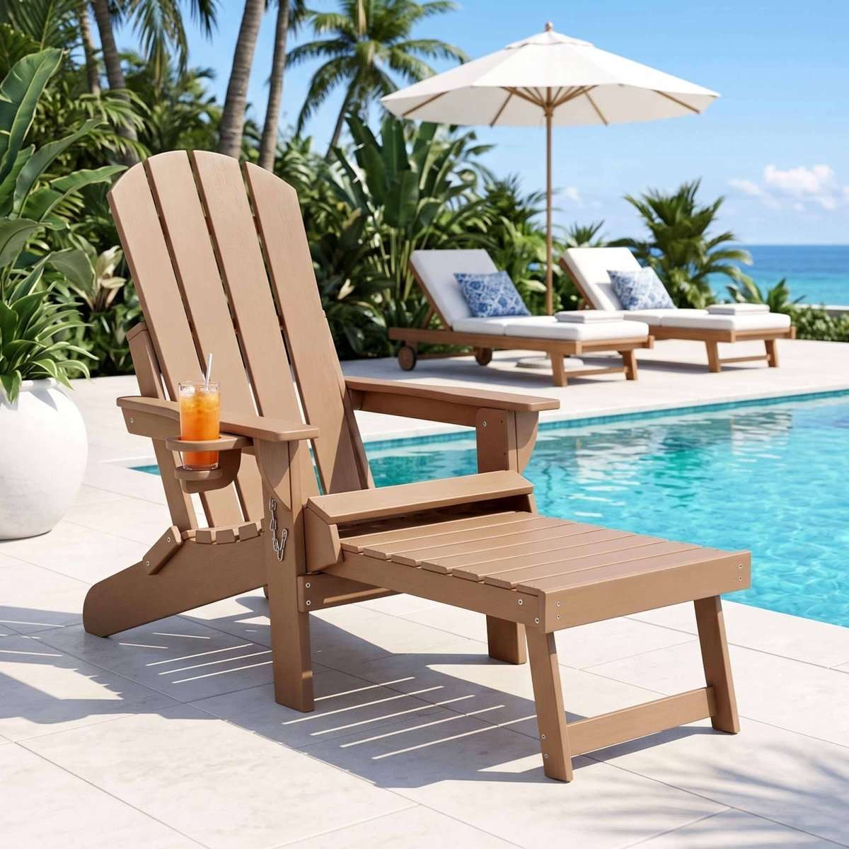 Gardeon Folding Sun Lounger Adirondack Chair Outdoor Lounge Setting HDPE Recliner Footrest Khaki | Furniture > Outdoor > Outdoor Chairs