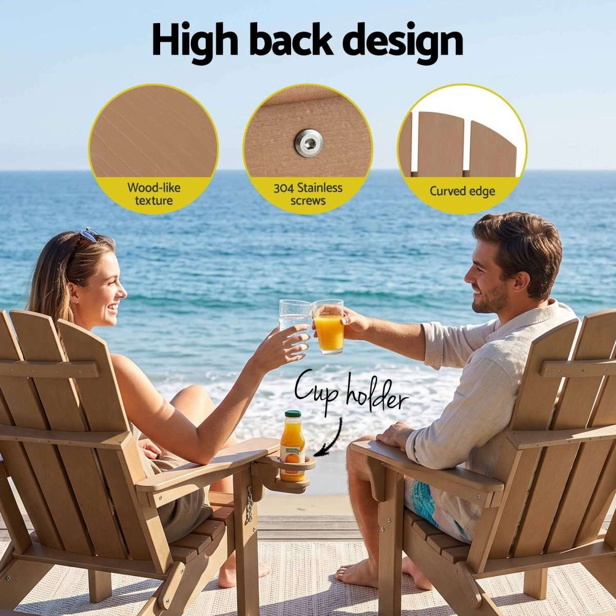 Gardeon Folding Sun Lounger Adirondack Chair Outdoor Lounge Setting HDPE Recliner Footrest Khaki | Furniture > Outdoor > Outdoor Chairs