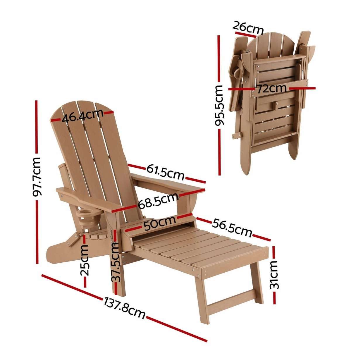 Gardeon Folding Sun Lounger Adirondack Chair Outdoor Lounge Setting HDPE Recliner Footrest Khaki | Furniture > Outdoor > Outdoor Chairs