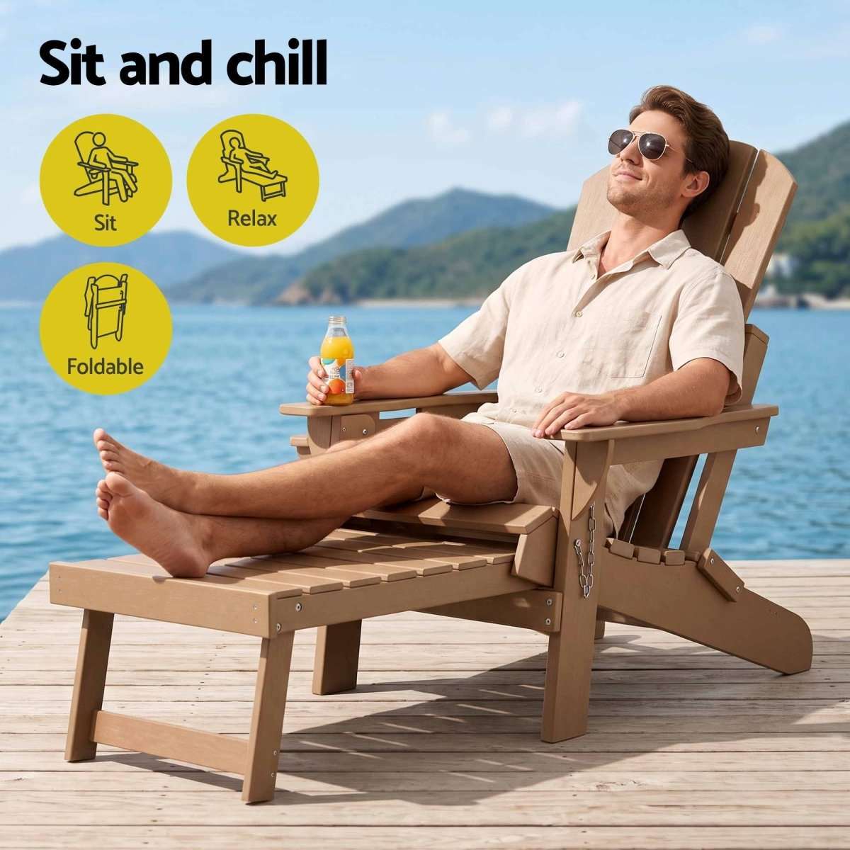 Gardeon Folding Sun Lounger Adirondack Chair Outdoor Lounge Setting HDPE Recliner Footrest Khaki | Furniture > Outdoor > Outdoor Chairs
