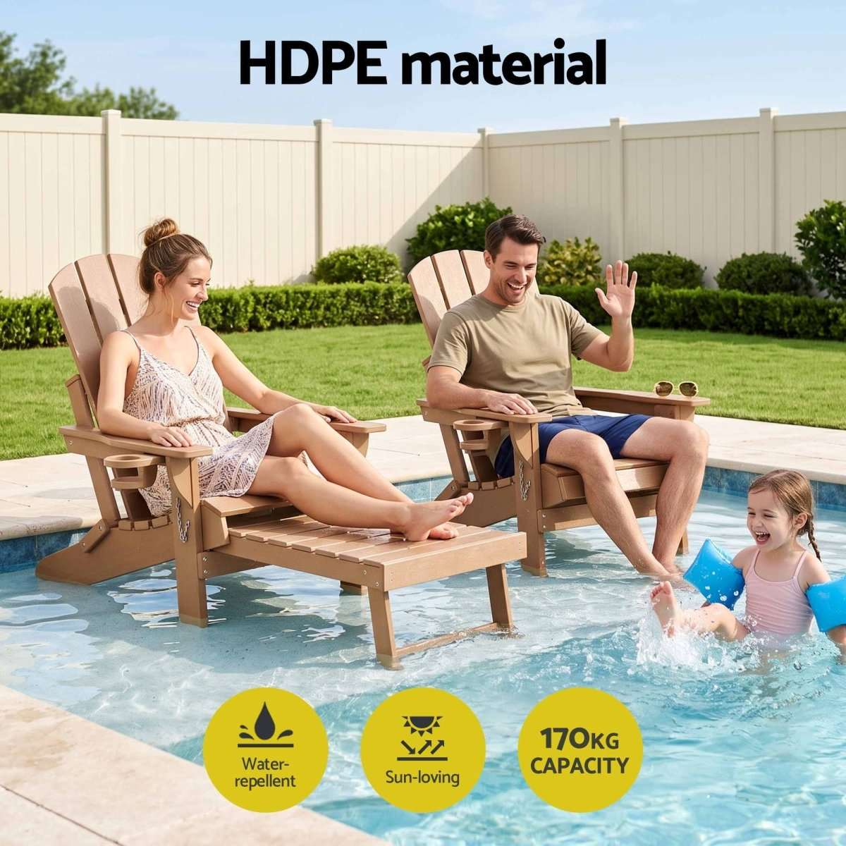 Gardeon Folding Sun Lounger Adirondack Chair Outdoor Lounge Setting HDPE Recliner Footrest Khaki | Furniture > Outdoor > Outdoor Chairs