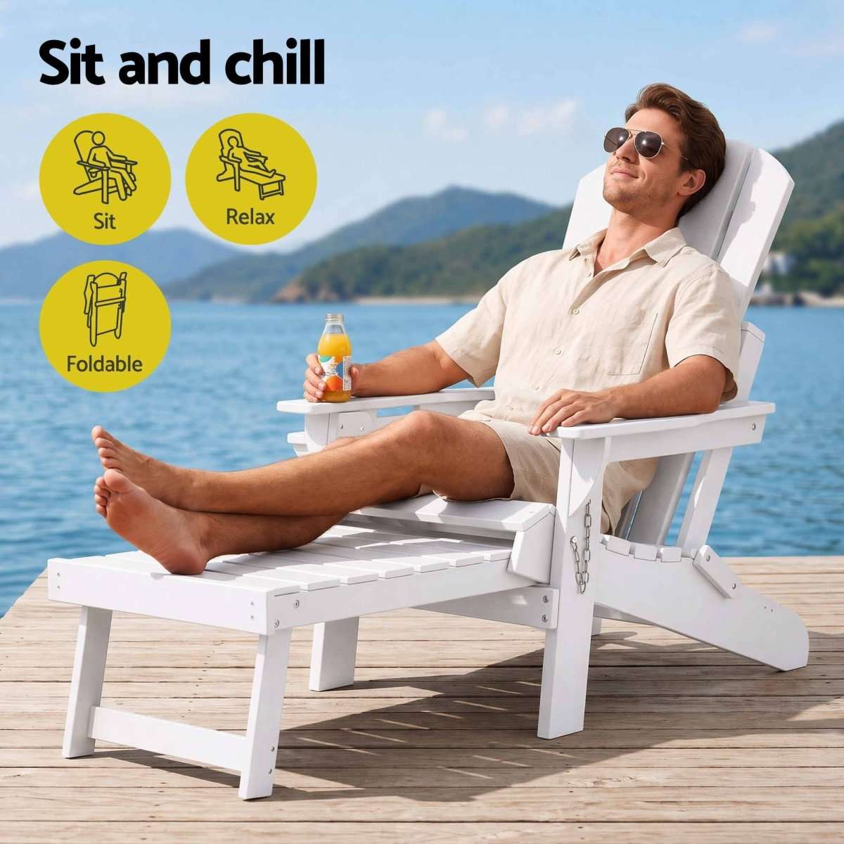 Gardeon Folding Sun Lounger Adirondack Chair Outdoor Lounge Setting HDPE Recliner Footrest White | Furniture > Outdoor > Outdoor Chairs