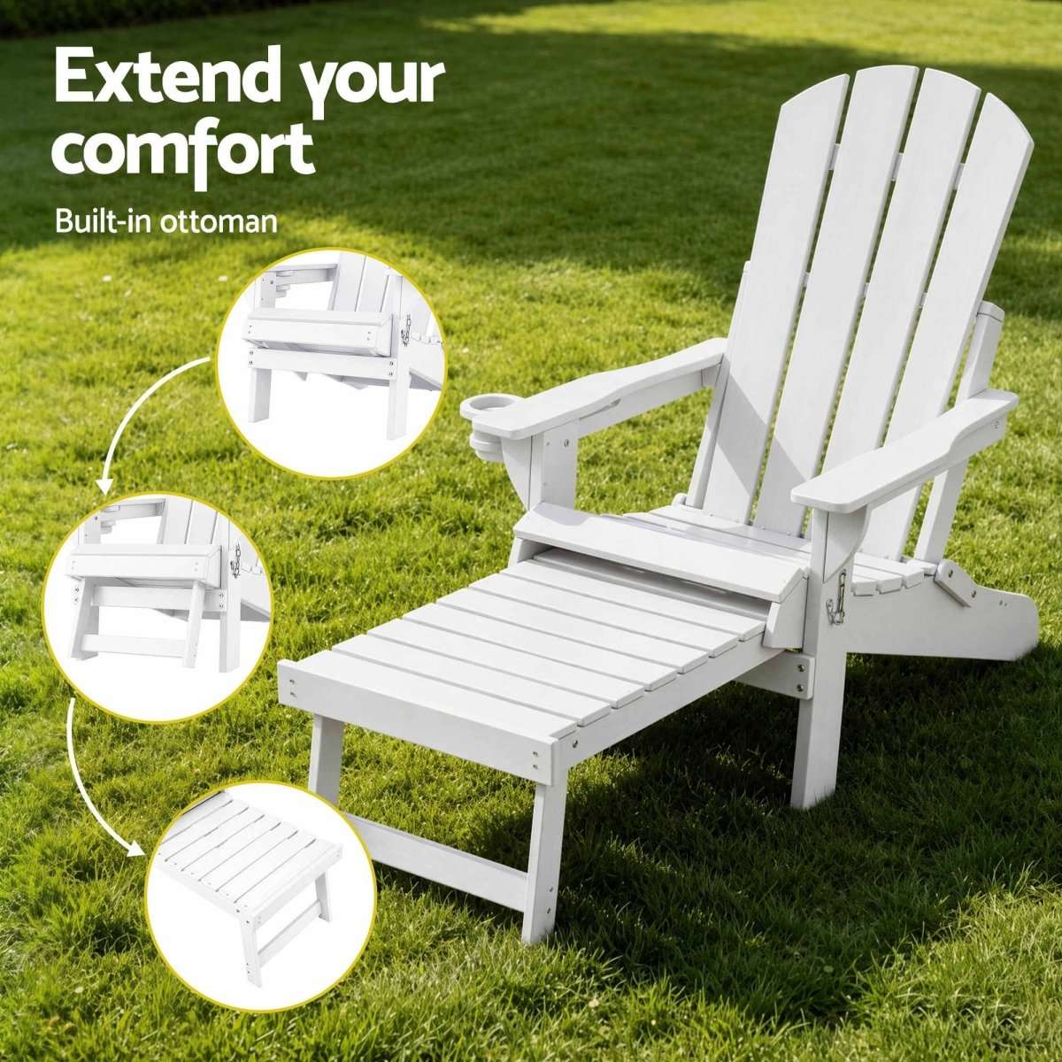 Gardeon Folding Sun Lounger Adirondack Chair Outdoor Lounge Setting HDPE Recliner Footrest White | Furniture > Outdoor > Outdoor Chairs