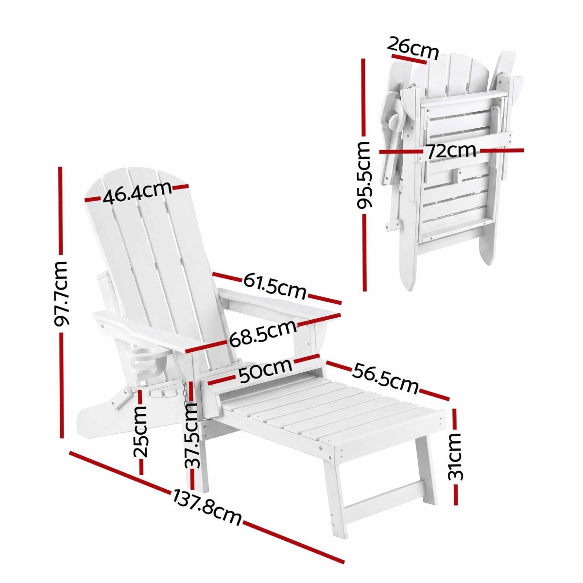 Gardeon Folding Sun Lounger Adirondack Chair Outdoor Lounge Setting HDPE Recliner Footrest White | Furniture > Outdoor > Outdoor Chairs