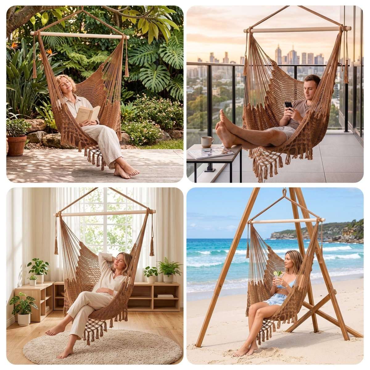 Gardeon Hammock Chair Camping Hanging Chair with Spreader Bar Tassels Brown | Home & Garden > Hammocks > Hammocks & Accessories