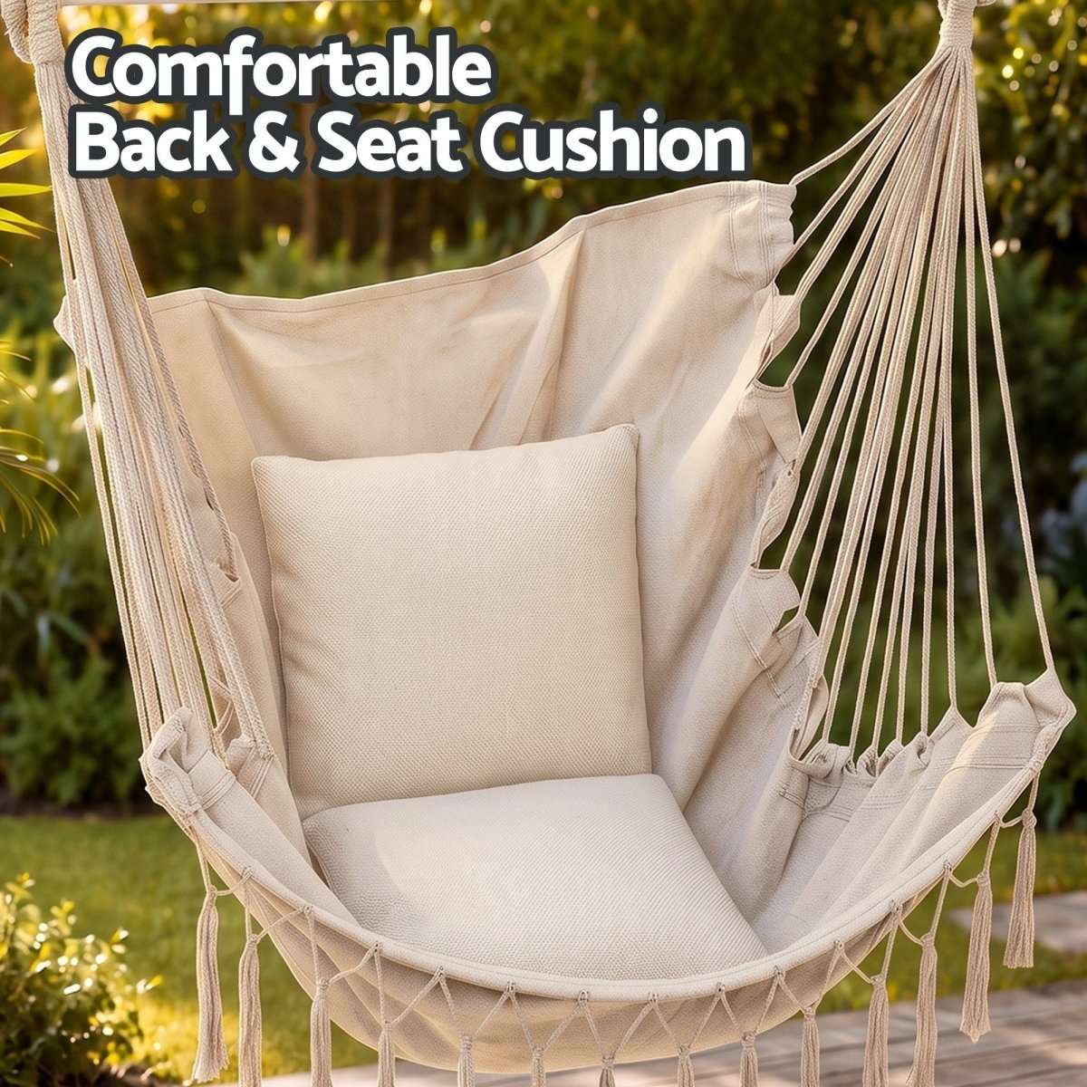 Gardeon Hammock Chair Camping Macrame Hanging Swing Cushions Metal Bar Cream | Home & Garden > Hammocks > Hammocks & Accessories