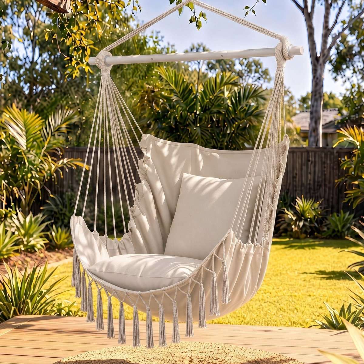 Gardeon Hammock Chair Camping Macrame Hanging Swing Cushions Metal Bar Cream | Home & Garden > Hammocks > Hammocks & Accessories