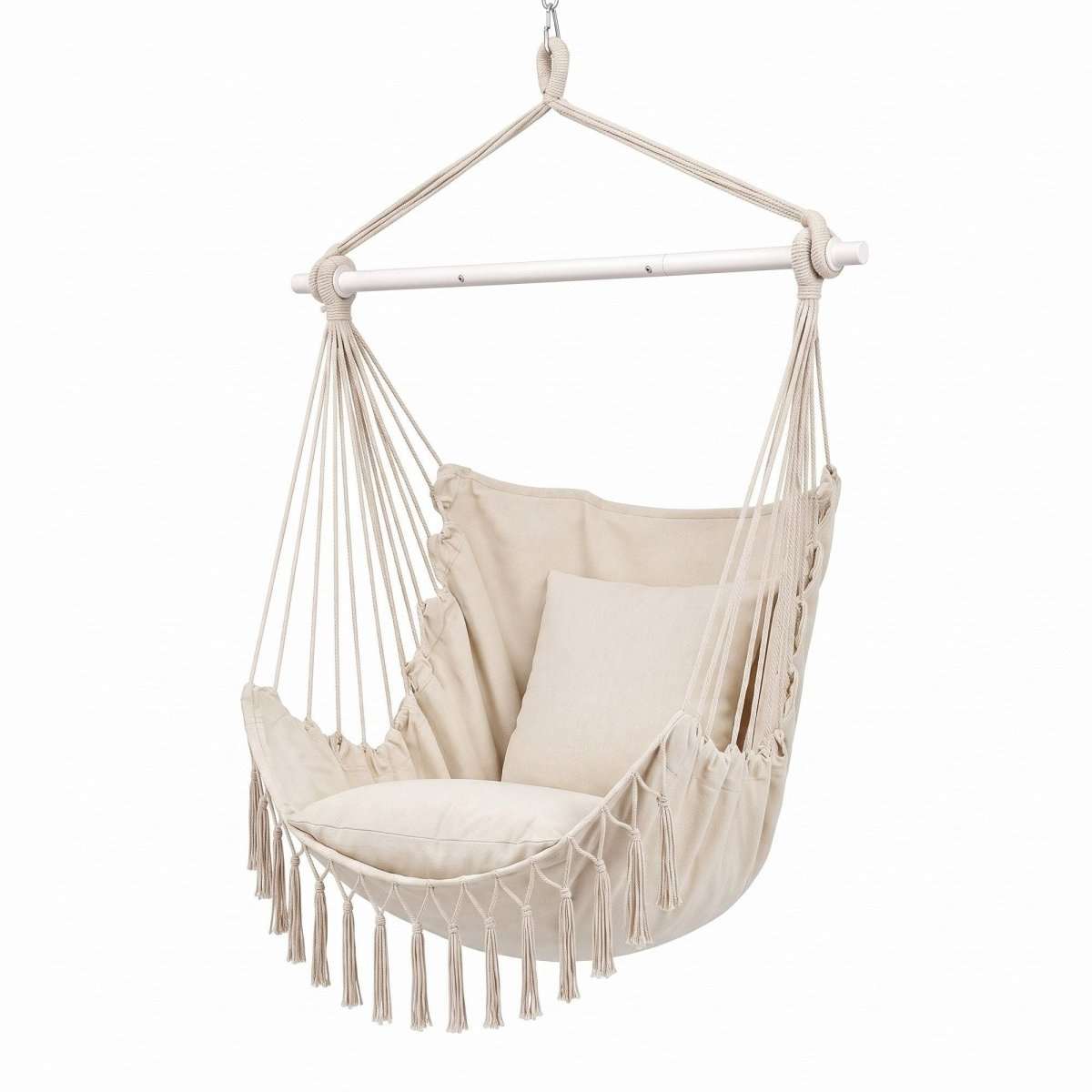 Gardeon Hammock Chair Camping Macrame Hanging Swing Cushions Metal Bar Cream | Home & Garden > Hammocks > Hammocks & Accessories