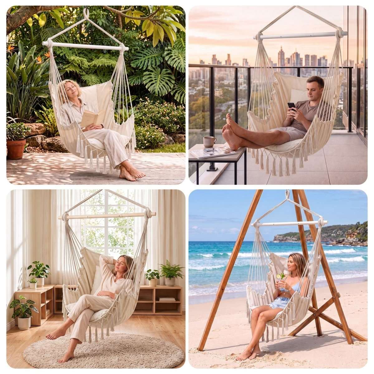Gardeon Hammock Chair Camping Macrame Hanging Swing Cushions Metal Bar Cream | Home & Garden > Hammocks > Hammocks & Accessories