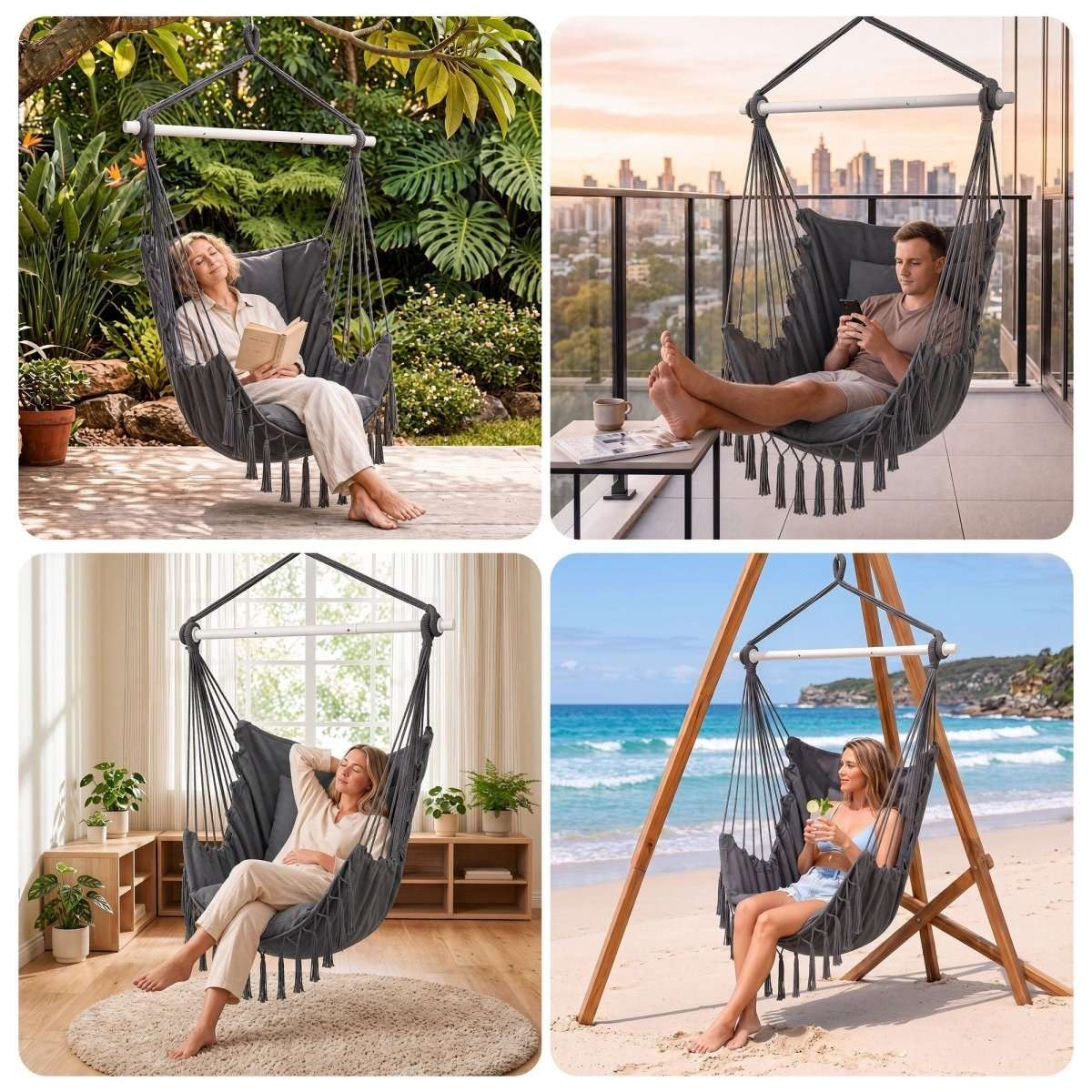Gardeon Hammock Chair Camping Macrame Hanging Swing Cushions Metal Bar Grey | Home & Garden > Hammocks > Hammocks & Accessories