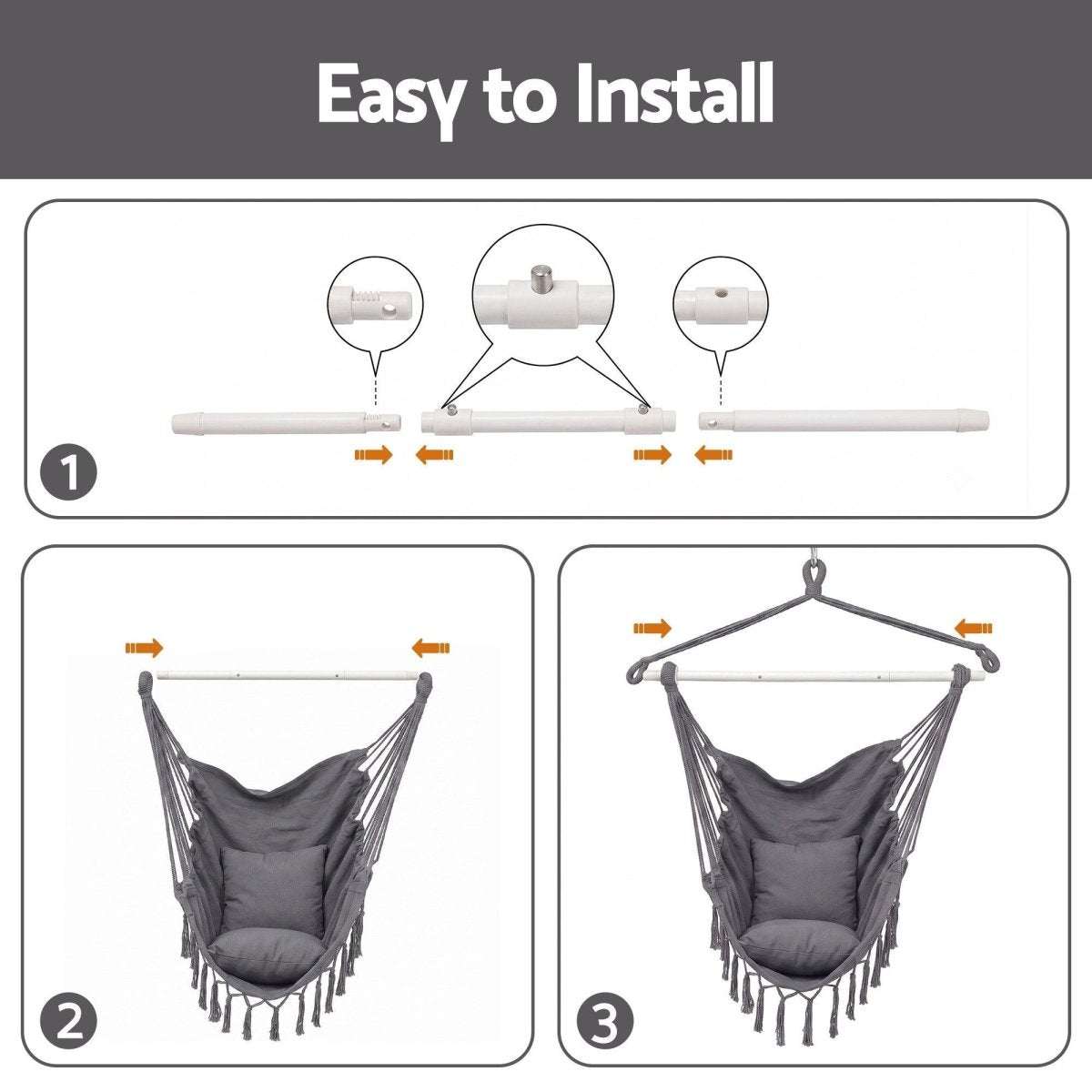 Gardeon Hammock Chair Camping Macrame Hanging Swing Cushions Metal Bar Grey | Home & Garden > Hammocks > Hammocks & Accessories