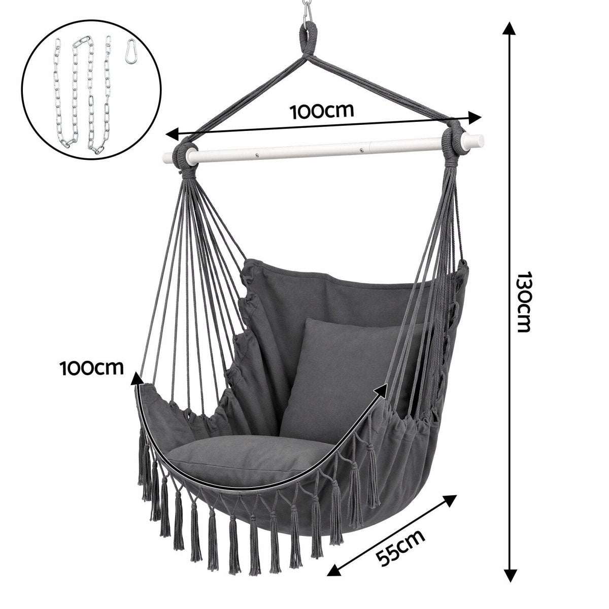 Gardeon Hammock Chair Camping Macrame Hanging Swing Cushions Metal Bar Grey | Home & Garden > Hammocks > Hammocks & Accessories