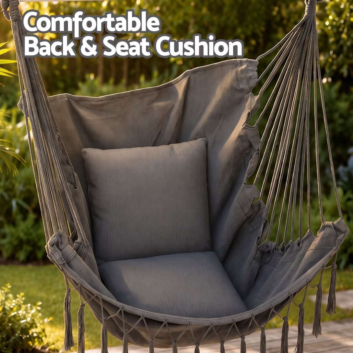 Gardeon Hammock Chair Camping Macrame Hanging Swing Cushions Metal Bar Grey | Home & Garden > Hammocks > Hammocks & Accessories
