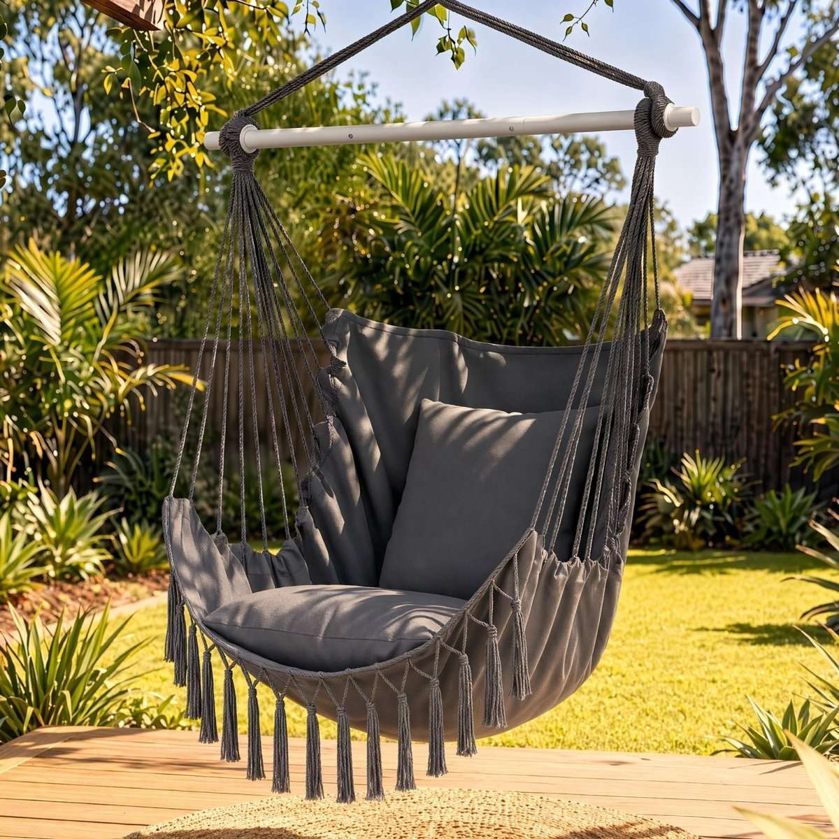 Gardeon Hammock Chair Camping Macrame Hanging Swing Cushions Metal Bar Grey | Home & Garden > Hammocks > Hammocks & Accessories