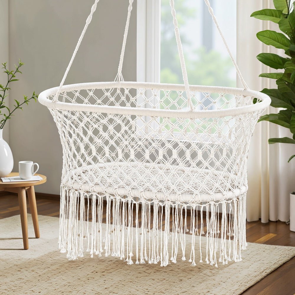 Gardeon Hammock Chair Cotton Swing Chair Outdoor Indoor Cream | Outdoorium