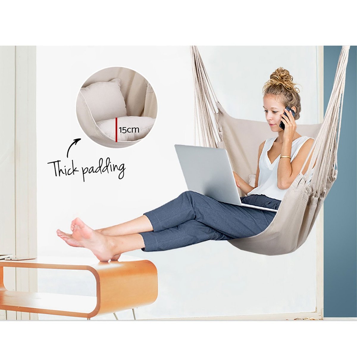 Gardeon Hammock Chair Outdoor Camping Hanging Hammocks Cushion Pillow Cream | Home & Garden > Hammocks