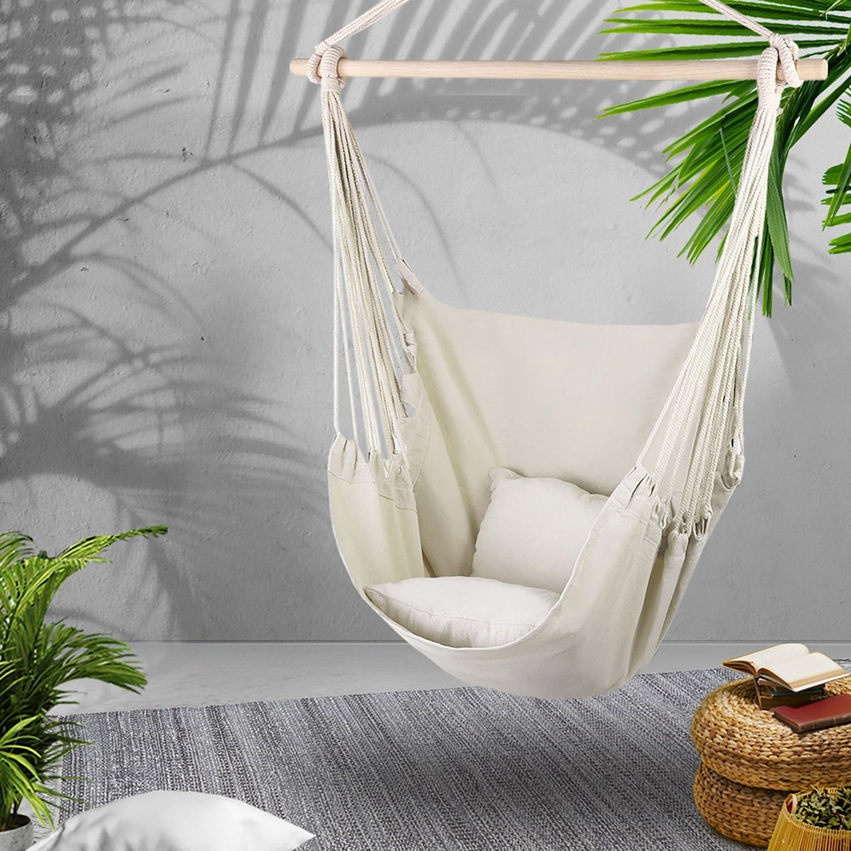 Gardeon Hammock Chair Outdoor Camping Hanging Hammocks Cushion Pillow Cream | Home & Garden > Hammocks