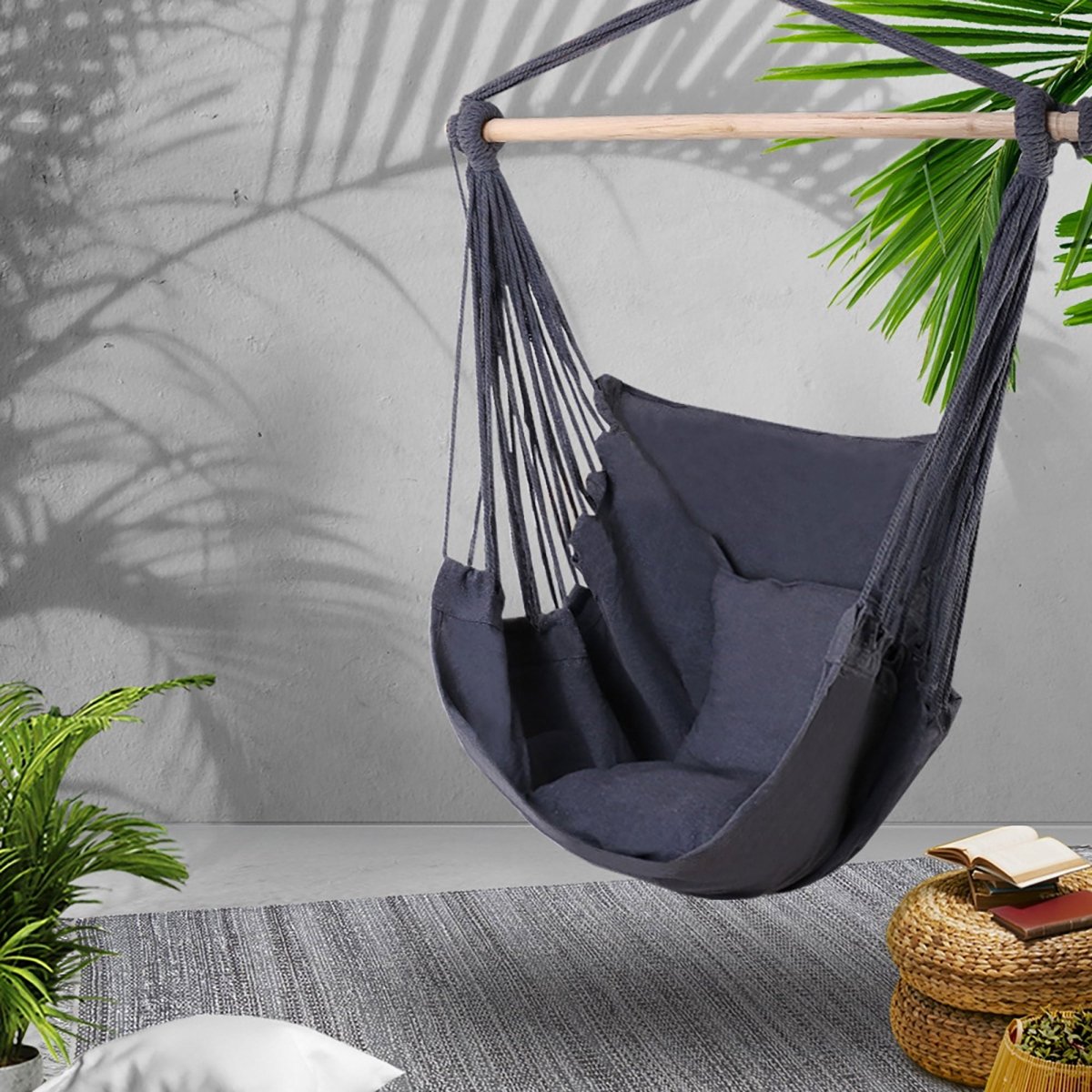 Gardeon Hammock Chair Outdoor Camping Hanging Hammocks Cushion Pillow Grey | Home & Garden > Hammocks