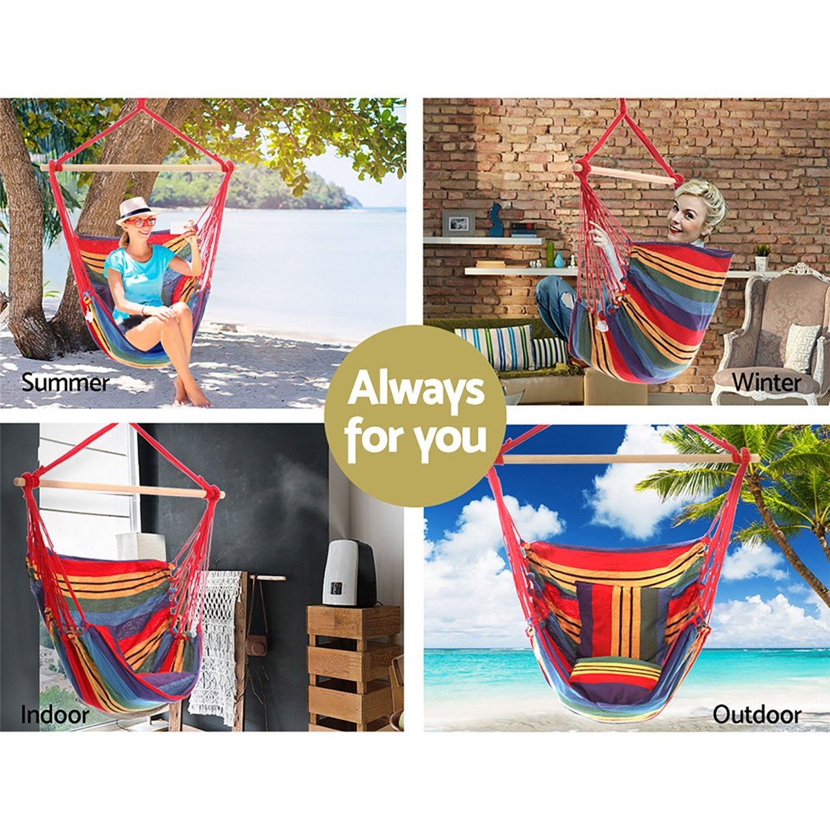 Gardeon Hammock Chair Outdoor Camping Hanging Hammocks Cushion Pillow Rainbow | Home & Garden > Hammocks