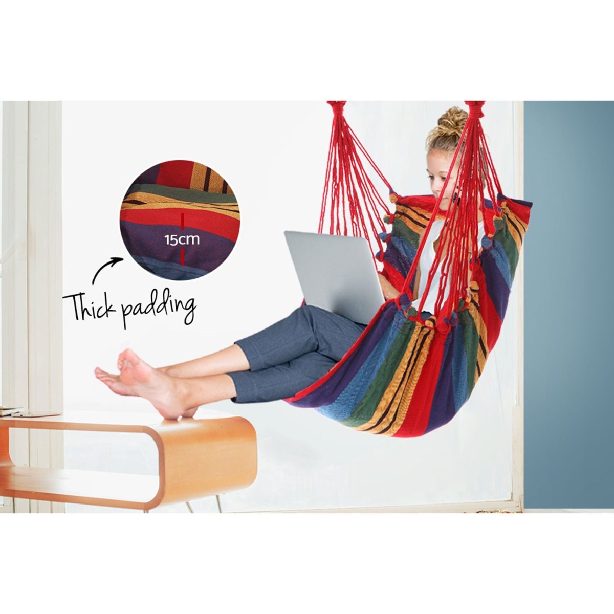 Gardeon Hammock Chair Outdoor Camping Hanging Hammocks Cushion Pillow Rainbow | Home & Garden > Hammocks