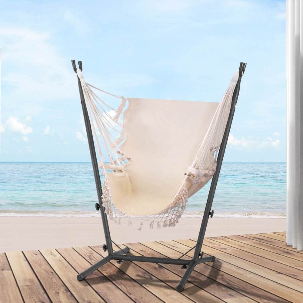 Gardeon Hammock Chair Outdoor Camping Hanging with Stand Cream - Outdoorium