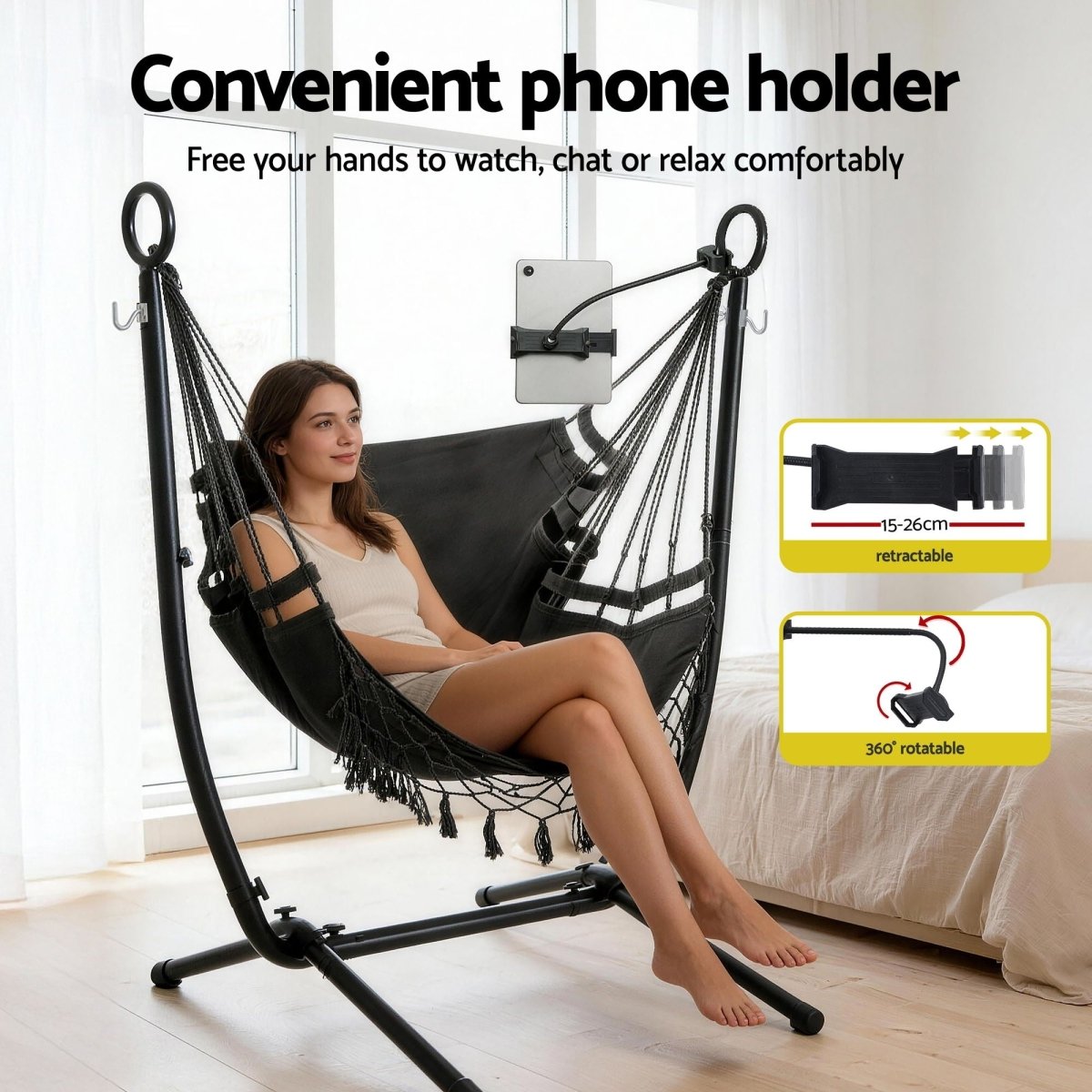 Gardeon Hammock Chair Stand Iron Frame w/ Phone Holder Black | Home & Garden > Hammocks > Hammocks & Accessories