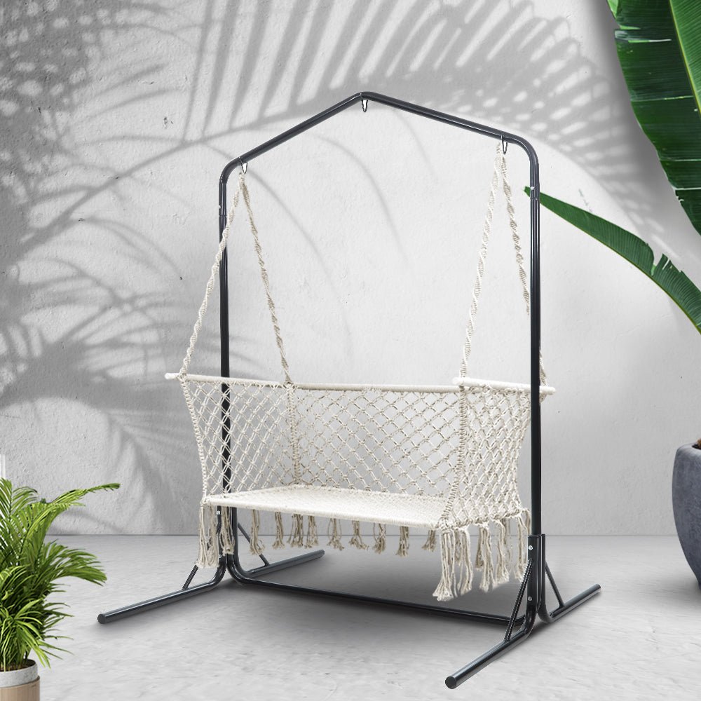 Gardeon Hammock Chair with Stand Macrame Outdoor Garden 2 Seater Cream | Home & Garden Hammocks