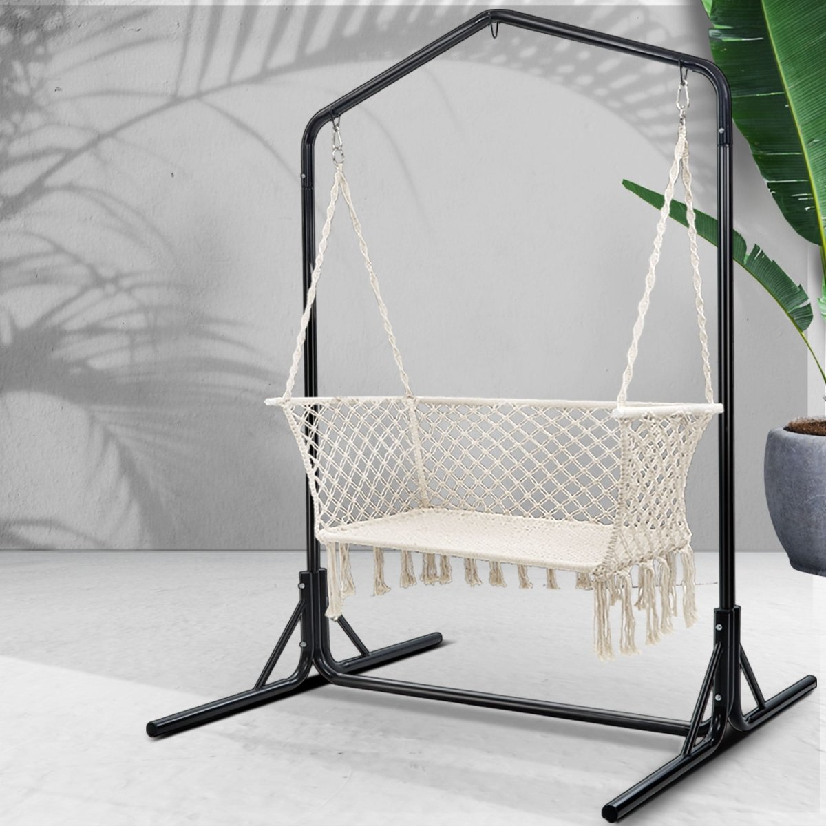 Gardeon Hammock Chair with Stand Macrame Outdoor Garden 2 Seater Cream | Home & Garden Hammocks