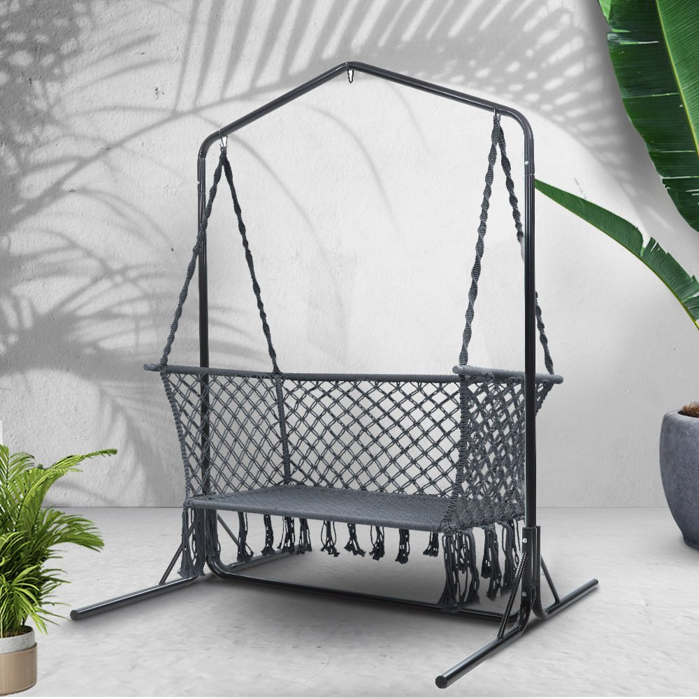 Gardeon Hammock Chair with Stand Macrame Outdoor Garden 2 Seater Grey | Home & Garden > Hammocks