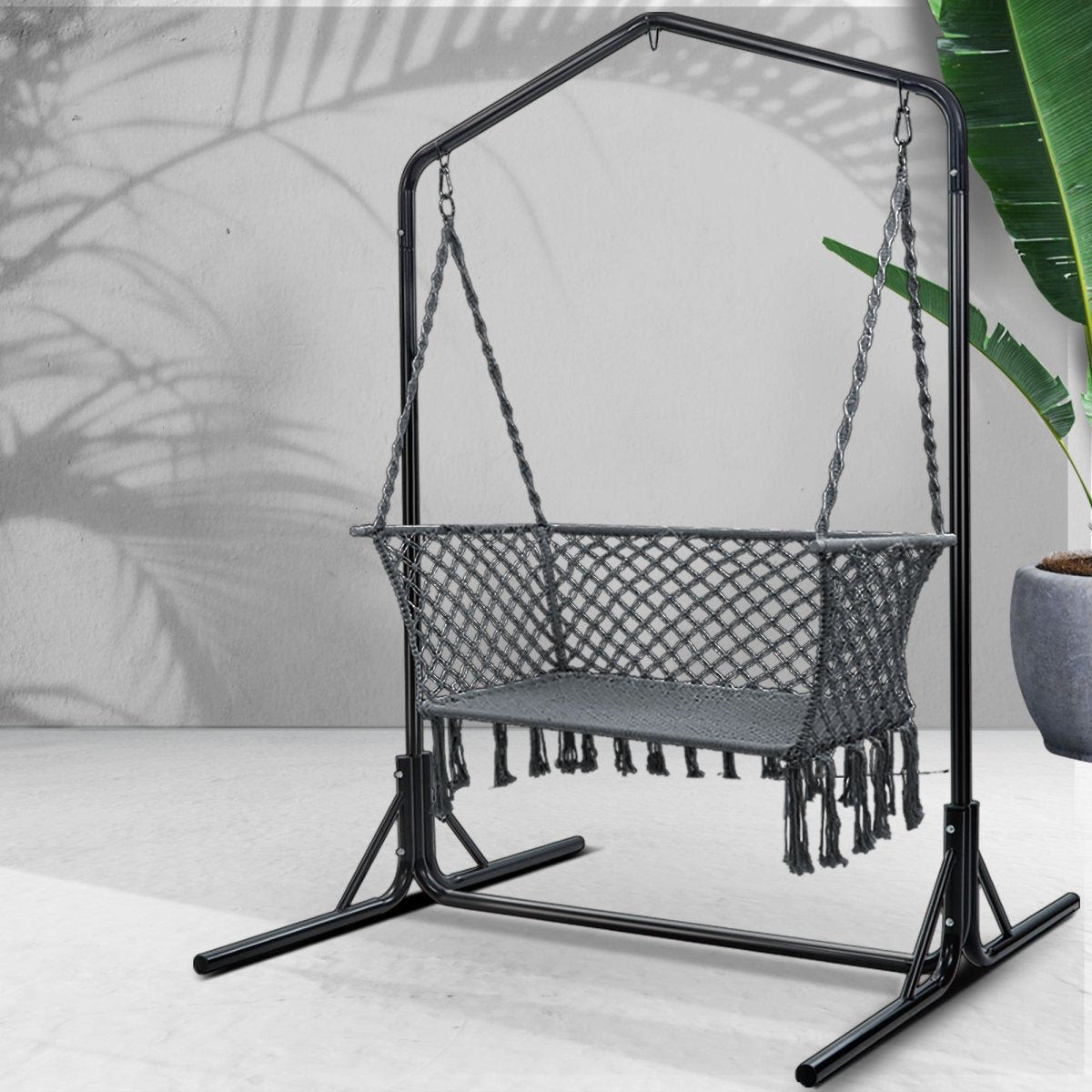 Gardeon Hammock Chair with Stand Macrame Outdoor Garden 2 Seater Grey | Home & Garden > Hammocks