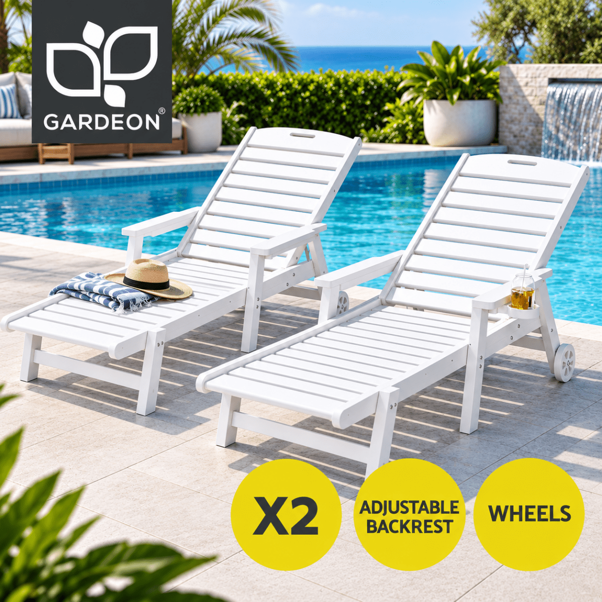 Gardeon HDPE sun loungers with wheels set of 2 white