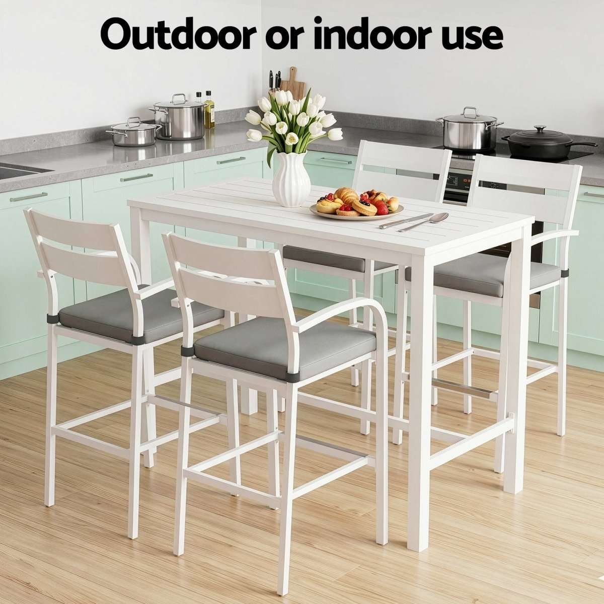 Gardeon Outdoor Bar Set 5-Piece Patio Dining Chairs Aluminium Table Stools White | Furniture > Bar Stools & Chairs > Table & Bar Stools