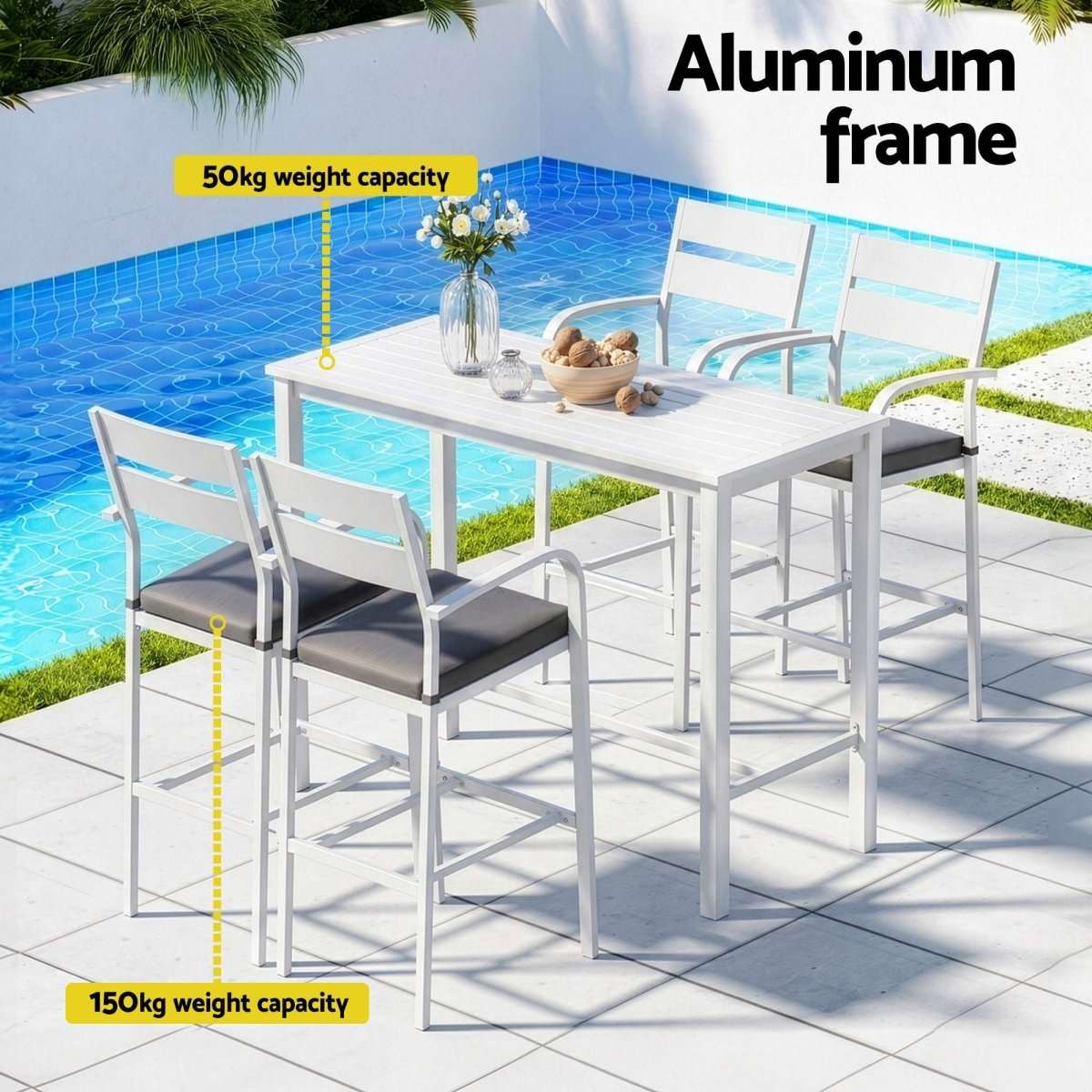 Gardeon Outdoor Bar Set 5-Piece Patio Dining Chairs Aluminium Table Stools White | Furniture > Bar Stools & Chairs > Table & Bar Stools