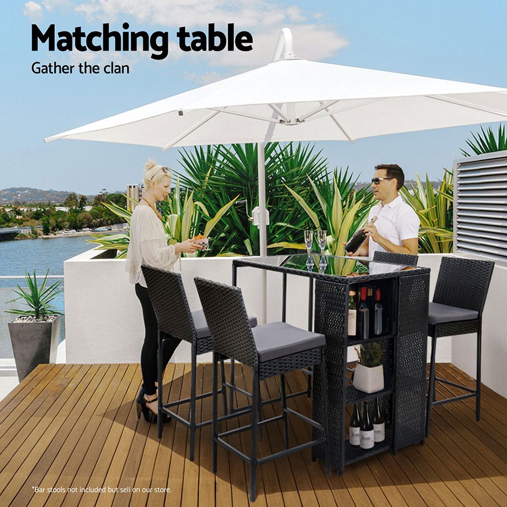 Gardeon Outdoor Bar Table Wicker Dining Bistro Glass Desk Steel Patio Furniture Black - Outdoorium