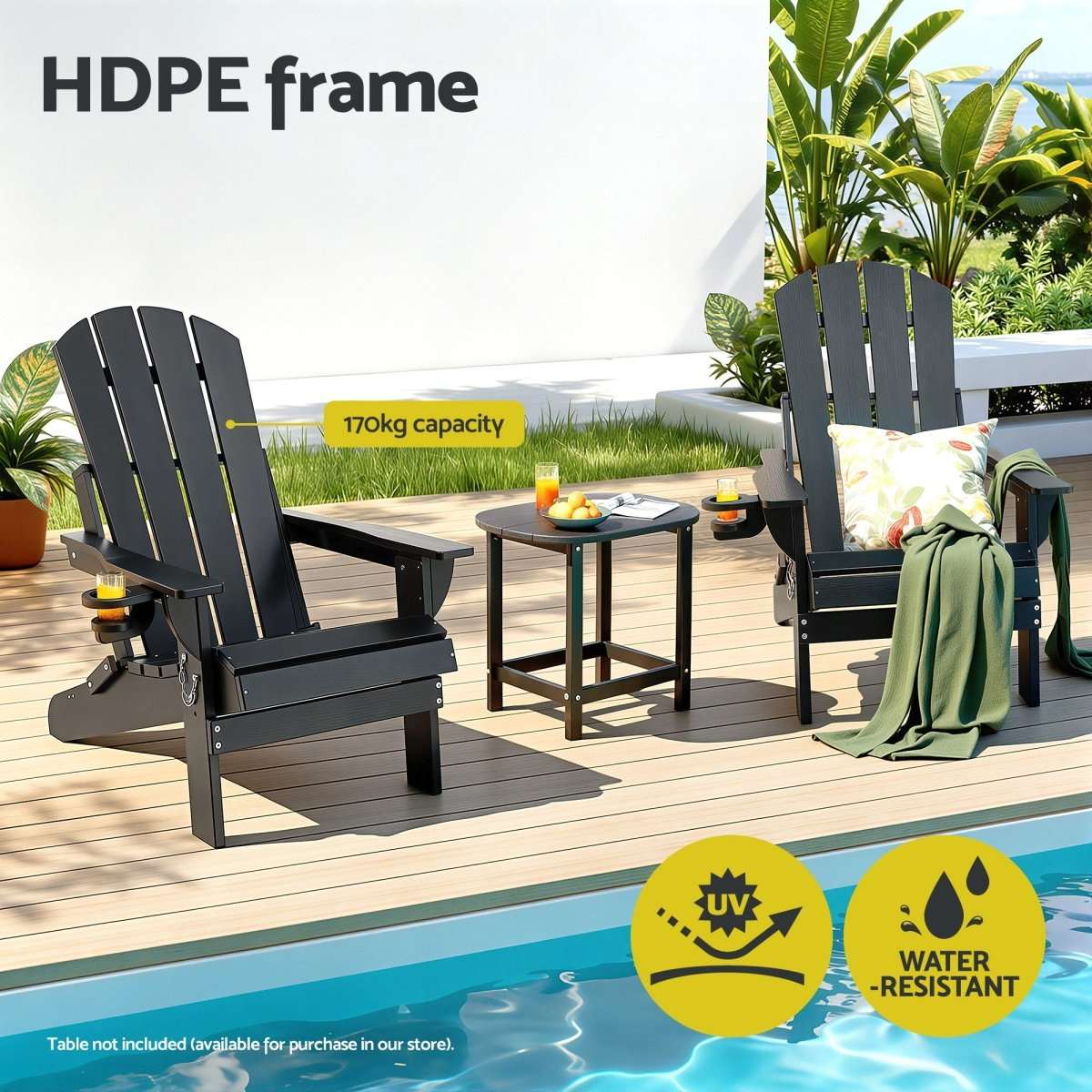 Gardeon Outdoor Chairs Folding Adirondack Beach Chair HDPE Sun Lounge Patio Furniture Garden Black | Furniture > Outdoor > Outdoor Chairs