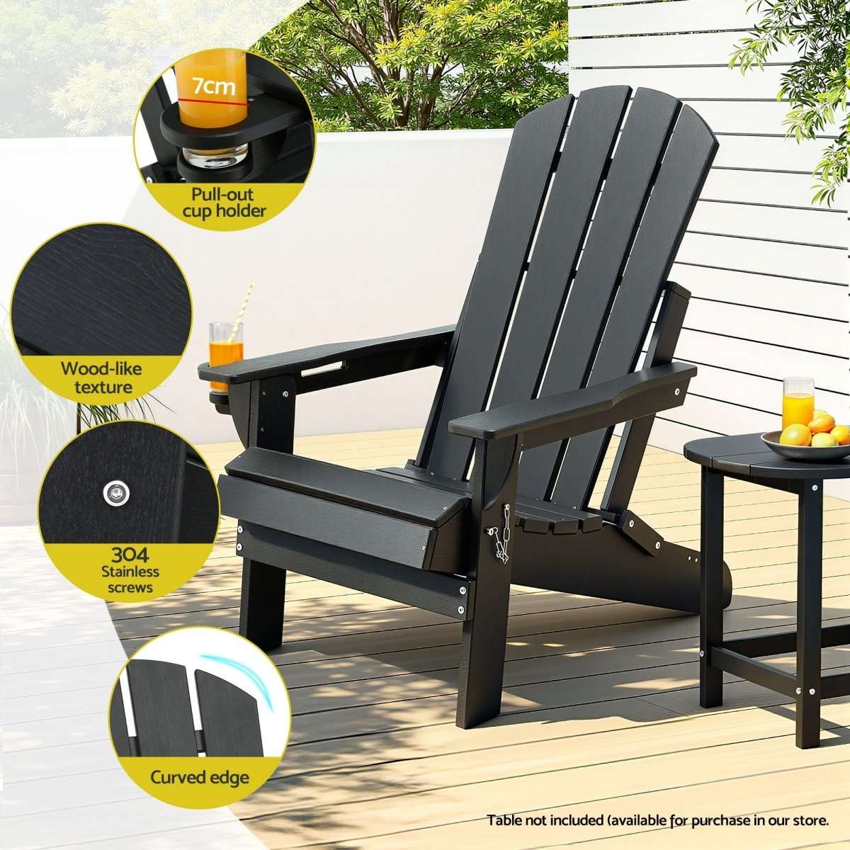 Gardeon Outdoor Chairs Folding Adirondack Beach Chair HDPE Sun Lounge Patio Furniture Garden Black | Furniture > Outdoor > Outdoor Chairs